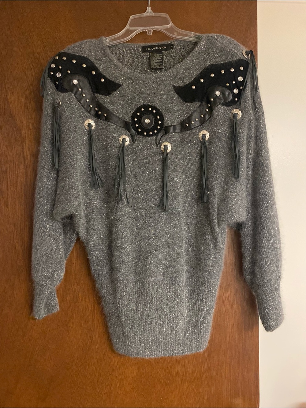 Vintage Gray Angora Sweater with Black Leather, Gray Suede, Silver Hardware